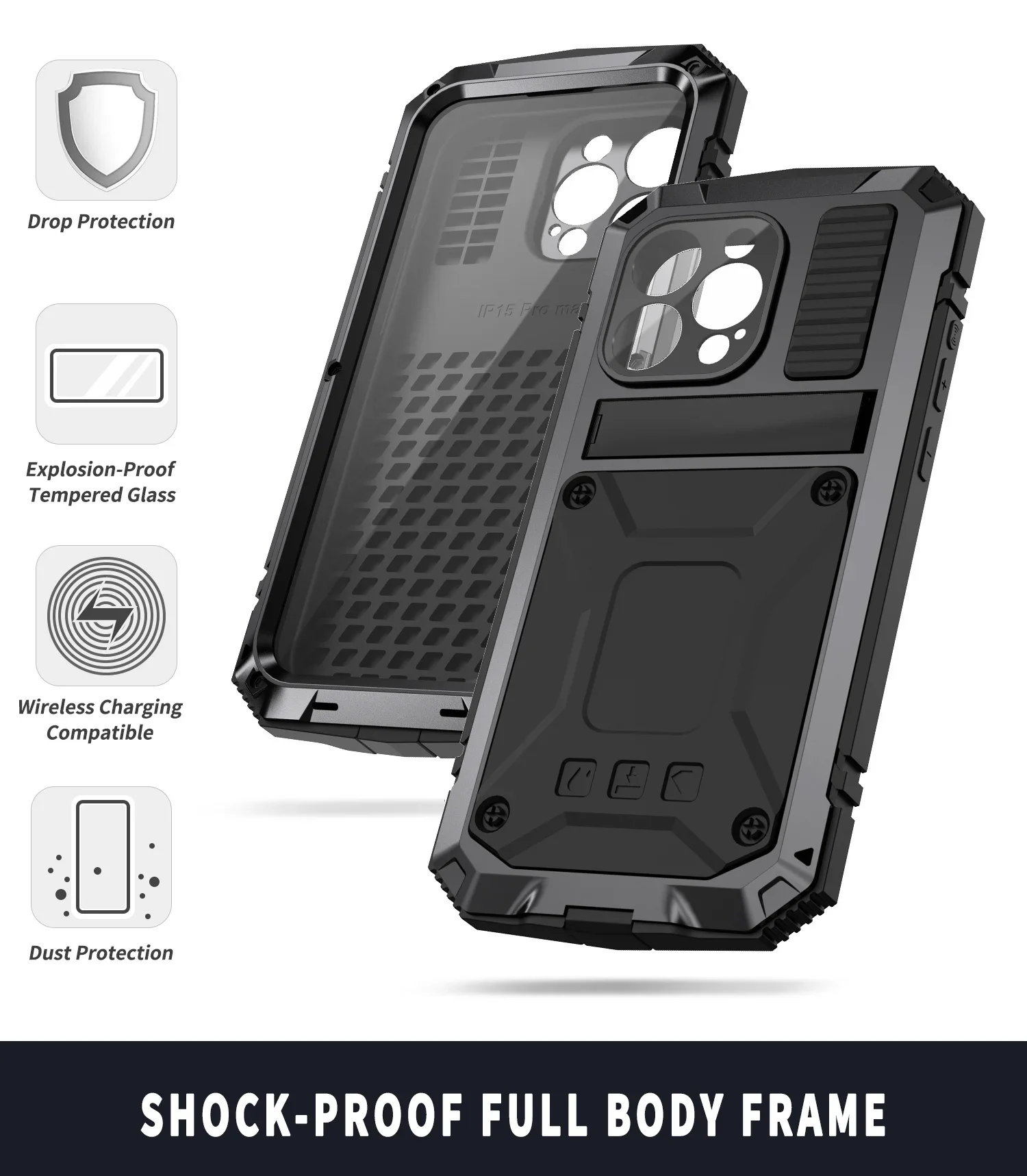 The heavy duty shock-resistant aluminum metal case is suitable for the iPhone 15 Pro Max 15 Plus military screen protector stand