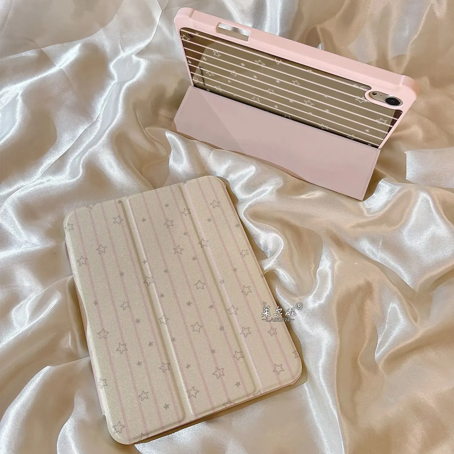 Korean Stripes & Stars Mirror Design Anti-Bend Tri-Fold Tablet Case Cover
