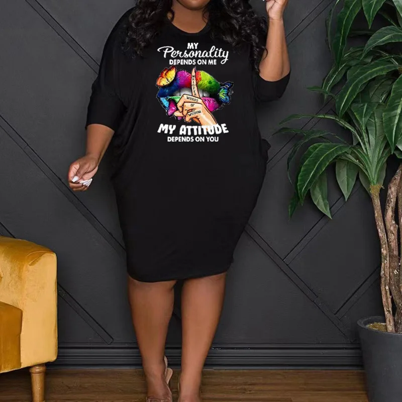 Casual Plus Size Clothes Round Neck Pattern Letter Print Three Quarter Sleeve Fashion Summer Autumn Loose Midi Dress for Women