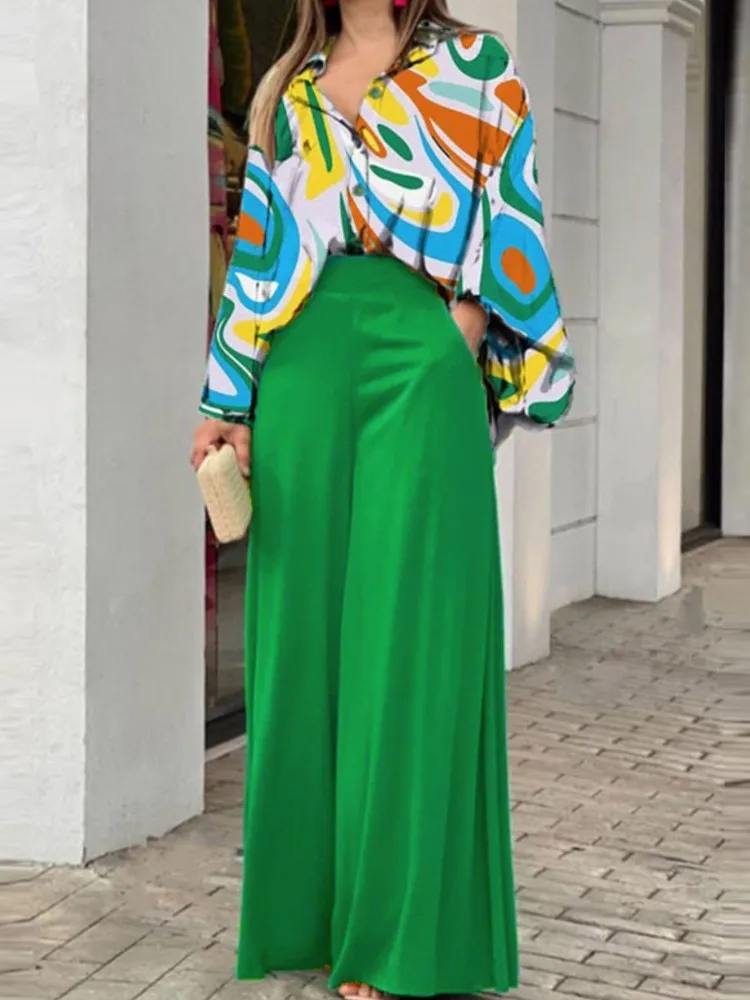 Chic Office Lapel Pocket Shirt High Waist Pants Two Piece Set main image 1