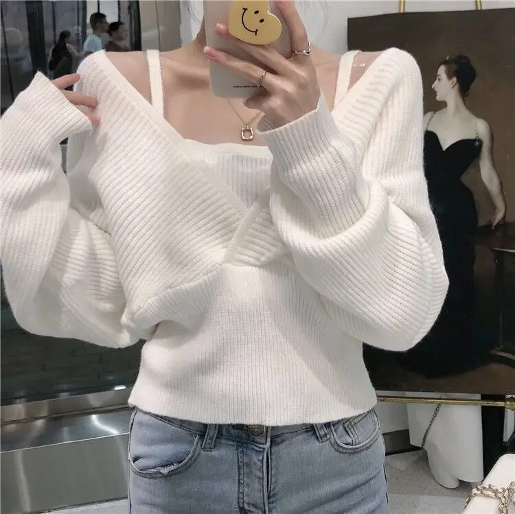 Innere Top Herbst und Winter 2025, neuer gefälschter zweiteiliger Pullover, sexy kurzer V-Ausschnitt, langärmeliger Pullover für Frauen – Detail 9