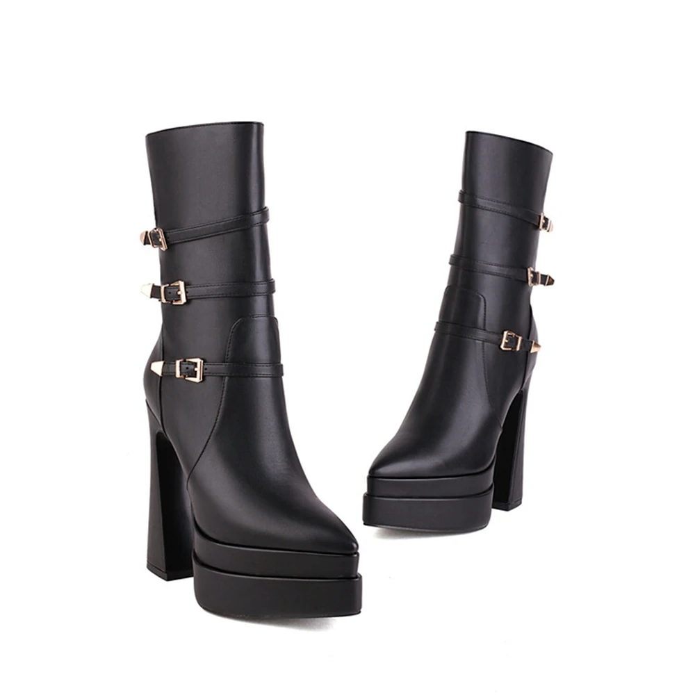 

Женские ботинки до середины икры, черные ботинки на толстом высоком квадратном каблуке, с острым носком, Размеры 35-43, для осени, 2023