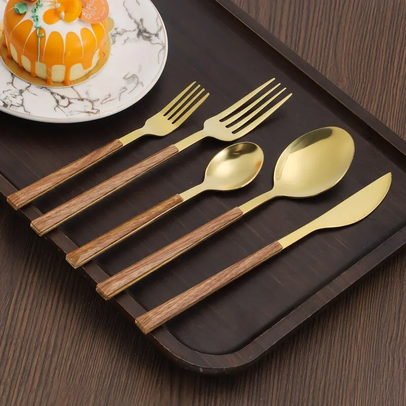 Western Style Cutlery Set Stainless Steel Cutlery Set Cutlery Set 5pcs Stainless Steel Imitation Wooden Handle Cutlery Set Dinnerware Clamp Western Tableware Knife Fork Tea Spoon