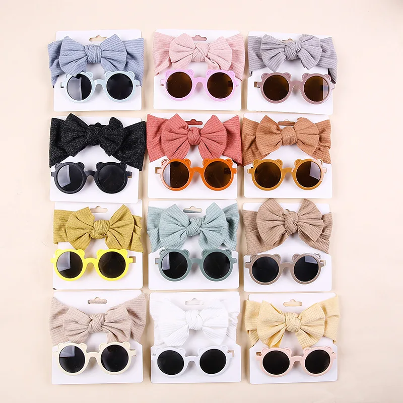 

New Children's Hair Accessories Set Knitted Elastic Stripe Butterfly Knot Hair Band Baby Sunglasses Two-Piece Set