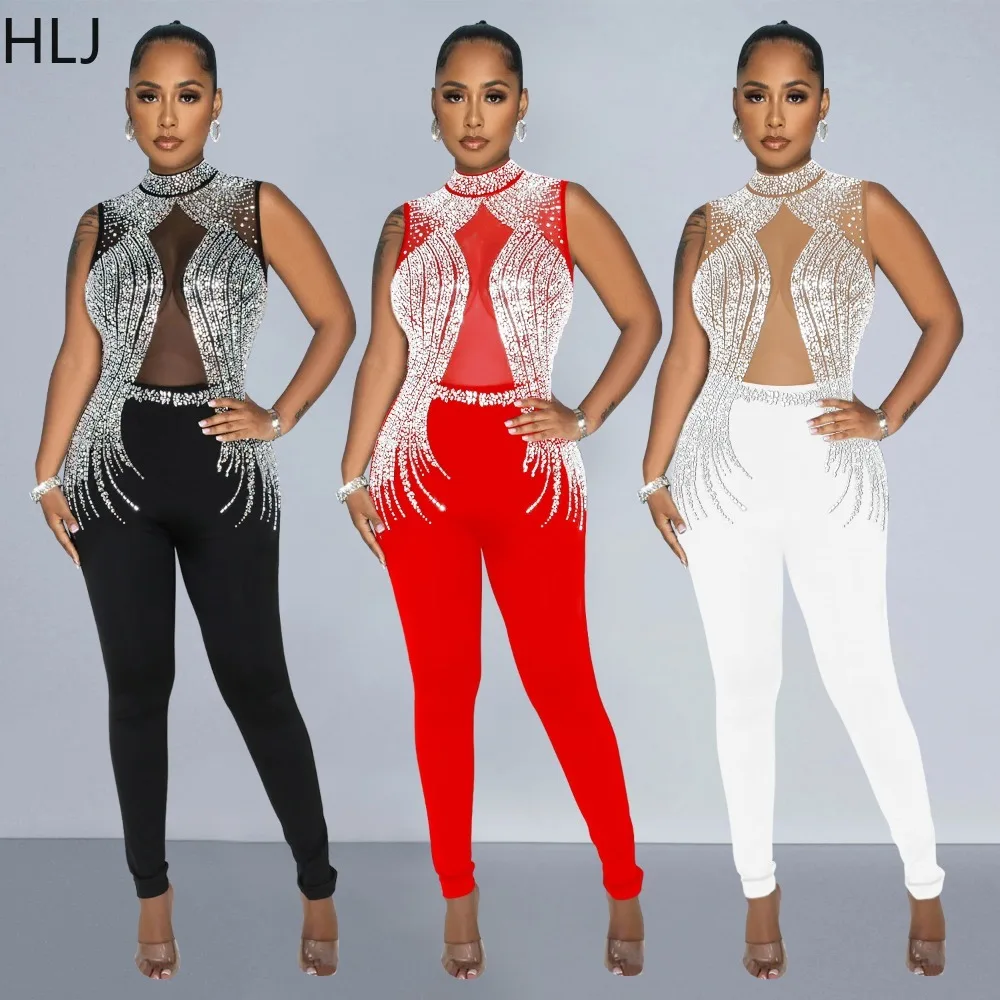 HLJ Fashion Mesh Perspective Rhinestones Bodycon Jumpsuits Women Round Neck Sleeveless Slim Playsuits Female Party Club Overalls