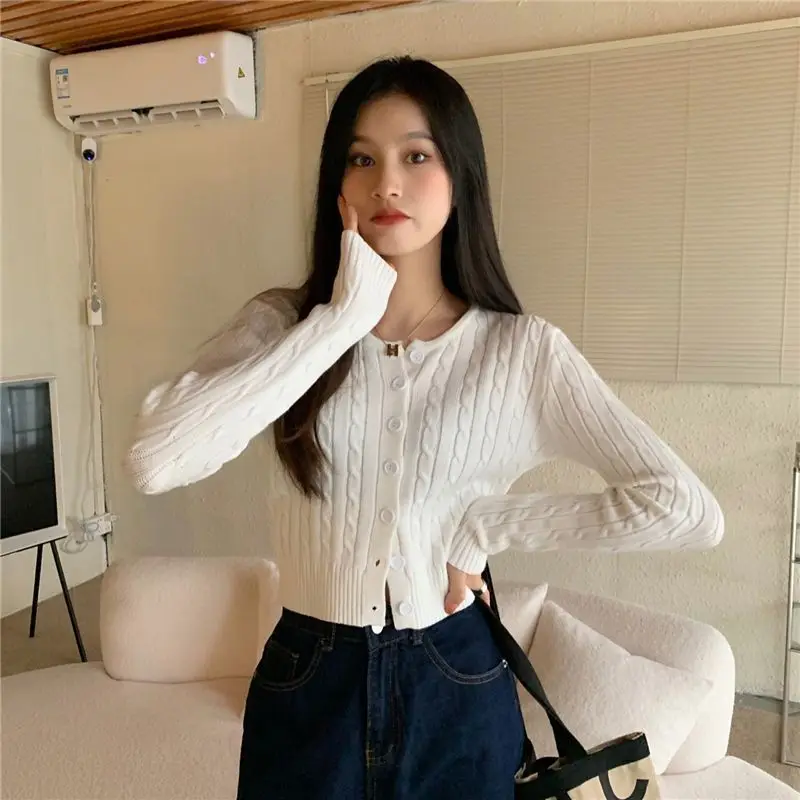 Elegante Mode Harajuku Slim Fit weibliche Kleidung locker lässig alle passen Strickwaren o Hals Knopf Strickjacke Langarm pullover – Detail 10
