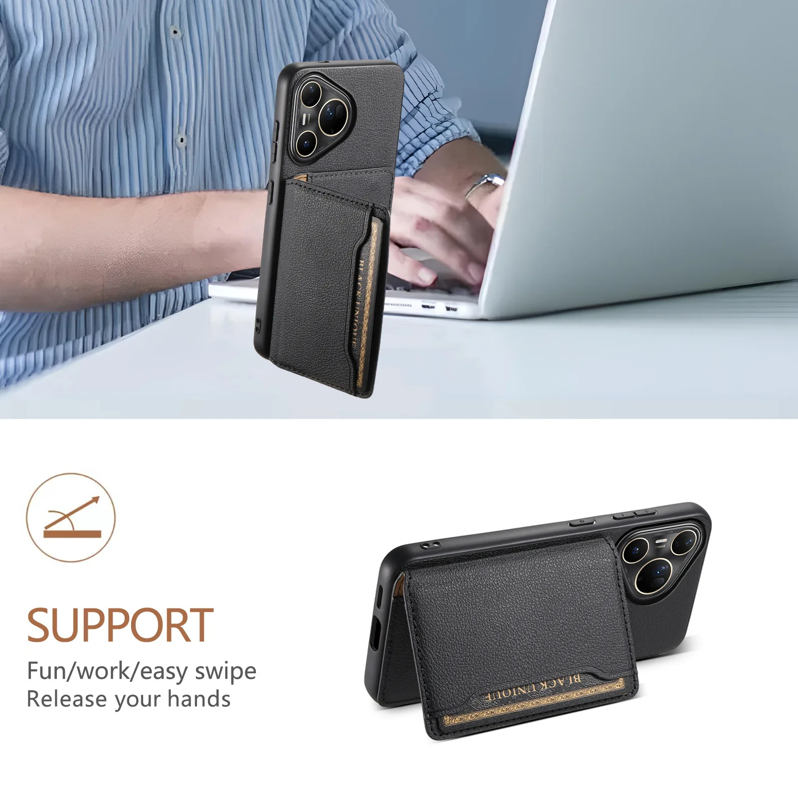 Leather Phone Case with Magnetic Card Holder and Wallet Bracket Cover