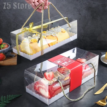 1/10pcs Transparent Cake Box With Handle Cupcake Swiss Clear Plastic Portable PET Packing Gift Box Roll Long 1