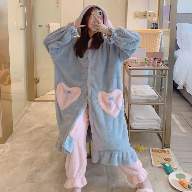 Women Winter Thick Warm Kawaii Cartoon Pajamas Set Flannel Nightgown Suit Coral Fleece Sleepwear Girls Cute Homewear Nightwear
