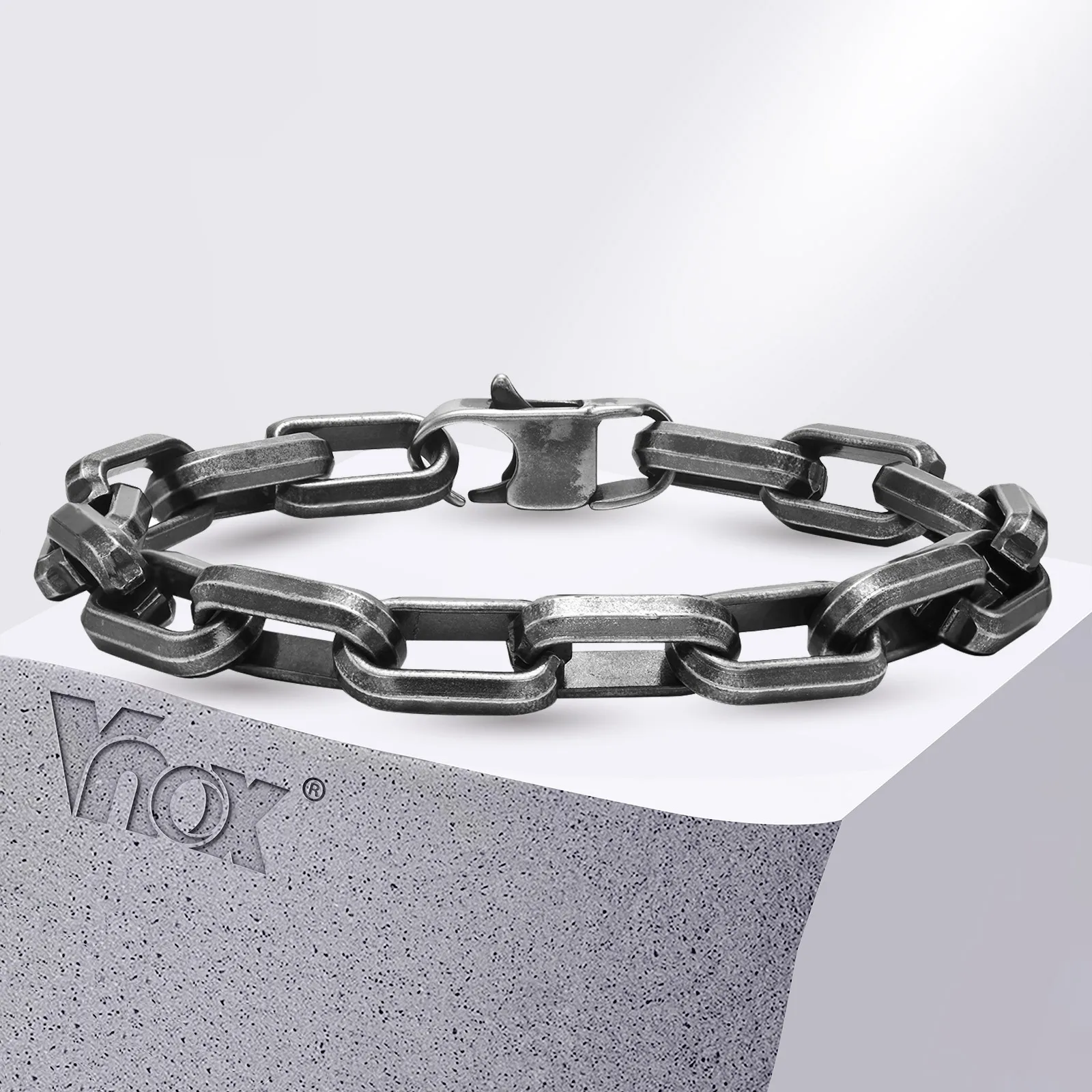 Vnox Punk Heavy Rectangular Link Chain Bracelets for Men Teens Boys Vintage Oxidized Paperclip Chain Wristband Chunky Jewelry