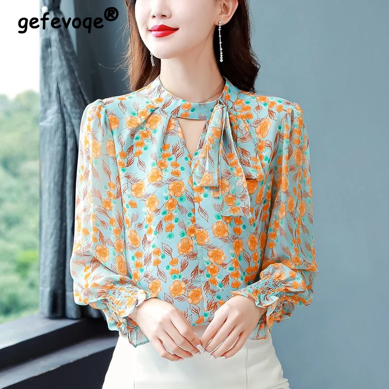 Women Clothes Vintage Floral Print Hollow Bow Elegant Blouses Spring Summer Long Sleeve Sweet Chic Shirts Blusa Mujer Moda 2023