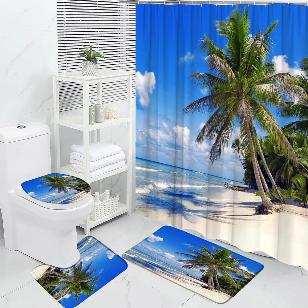 

4Pcs Seaside Beach Scenery Shower Curtain Modern 3D Palm Tree Summer Waves Nature Scenery Bathroom Set Toilet Cover Bath Mat Rug