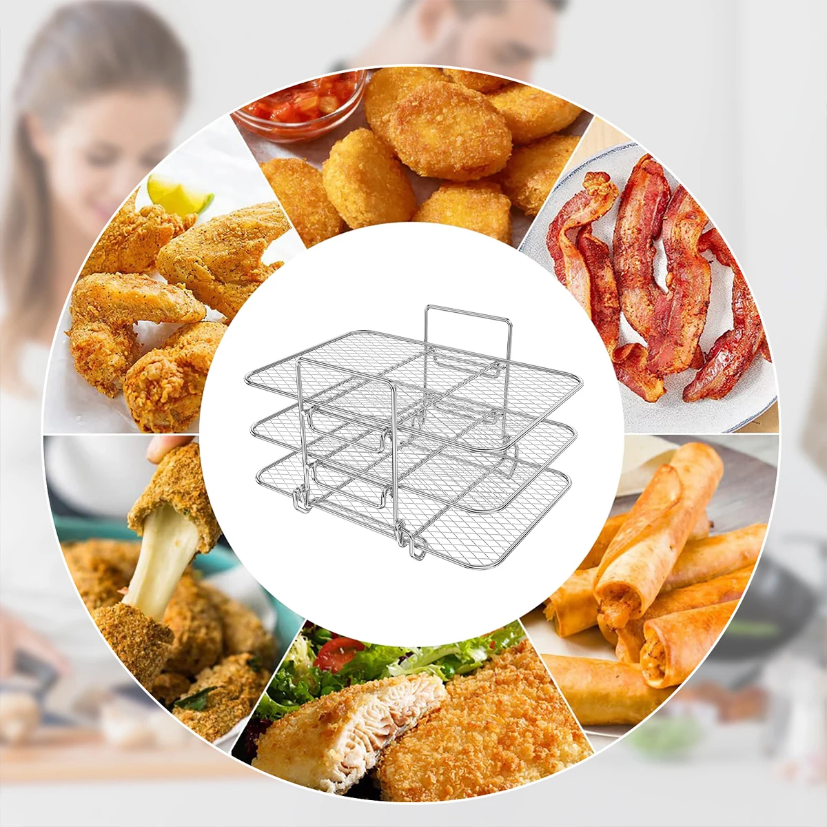 Air Fryer Rack Three Stackable Stainless Steel Ovens Racks Toast BBQ Rack Basket Rectangle Baking Tools Air Fryer Accessories