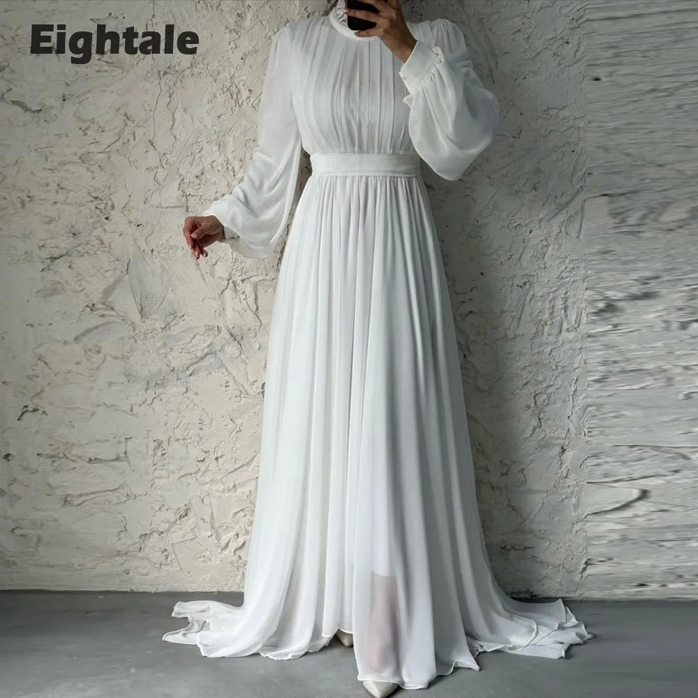 

Eightale Arabic Evening Dresses O-Neck Pleats Long Sleeves A-Line Chiffon Prom Party Dress Celebrity Gown Sukienki Wizytowe