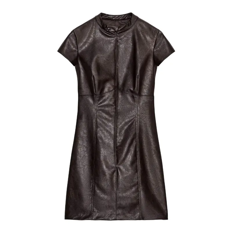 Damen-Minikleid aus massivem PU-Leder mit kurzen Ärmeln, hohem Ausschnitt, Reißverschluss, Hüftpaket, Taille, Cinching-Kleider, 2025, Herbst-Moto-Kleidung – Detail 1