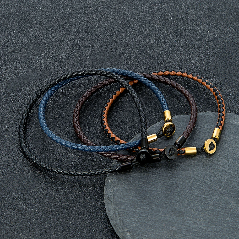 Gold Color Stainless Steel Button Braided Leather Bracelet for Men Women Fashion Couple Jewelry Gifts