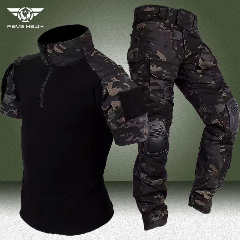 

Summer Tactical Sets Men Breathable Short Sleeve Tshirts+Outdoor Multi-pocket Cargo Pants 2 Pcs Suits Black Camo Training Set