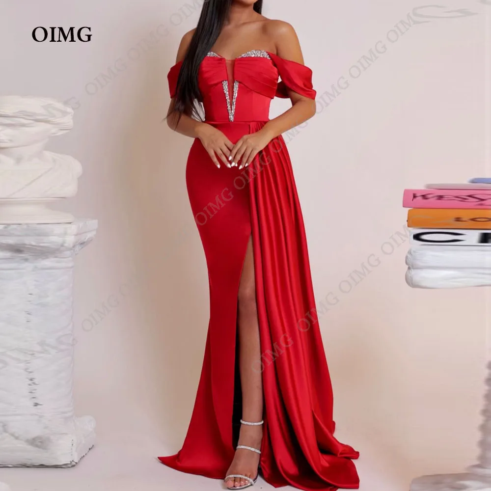 

OIMG Red Sweetheart Shiny Formal Event Dress Off Shoulder Satin Sleeveless Prom Party Dresses Side Slit Women Evening Gowns