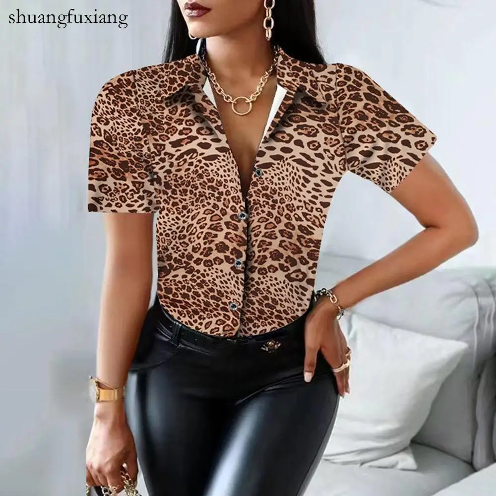 

Casual Print Button Shirt Blouse Woman Summer Slim Short Sleeve Top Shirts For Women 2022 Black Office Leopard Tops Femme