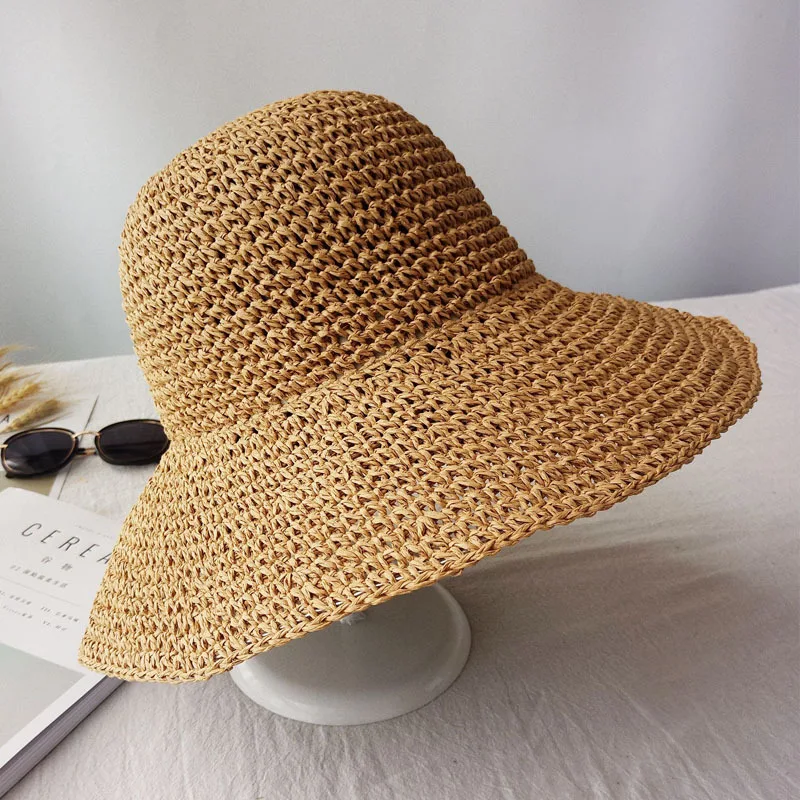 

Fashion Summer Wide Brim Straw Hats Handmade Crochet Folded Beach Sun Hat for Women Ladies Outdoor Sun Protection Panama Caps