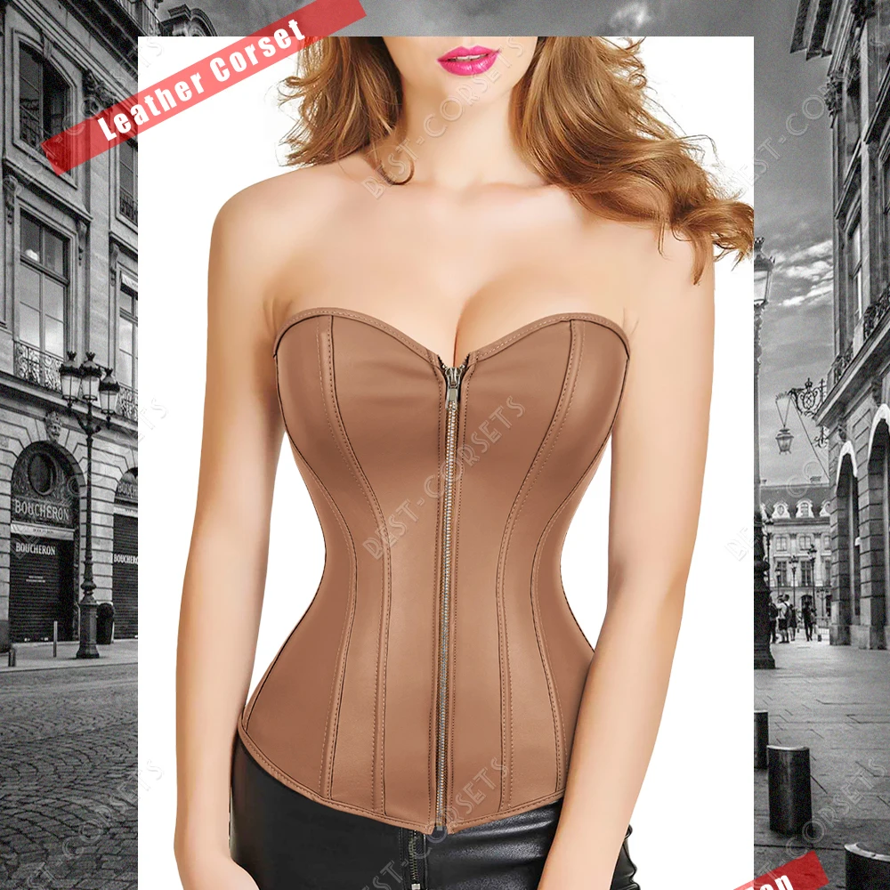 Women\'s Leather Corset Top Brown Steampunk Corsets for Women Zipper Overbust Corset Plus Size Corselet Black Red