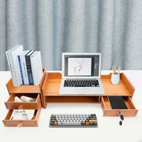 Computer Monitor Stand with Lock, 2 Keys Desktop Laptop Rack with Drawers, with Phone Holder, Wood 2