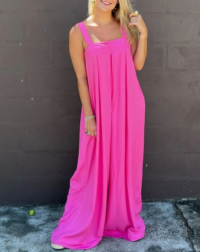 Women One Pieces Bodysuit Solid Square Neck Ruched Sleeveless Jumpsuit Casual Style Summer Vacation Loose Wide Leg Jumpsuit