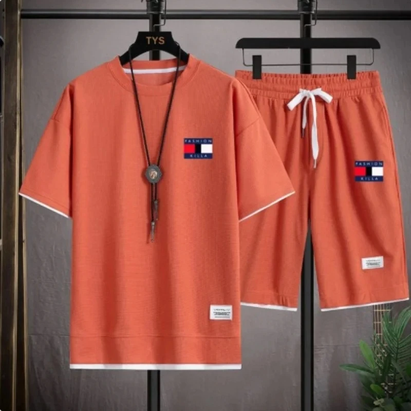 

Conjunto esportivo waffle estampado na moda, top manga curta, shorts com cordão, solto e respirável, estilo clássico casual, 202