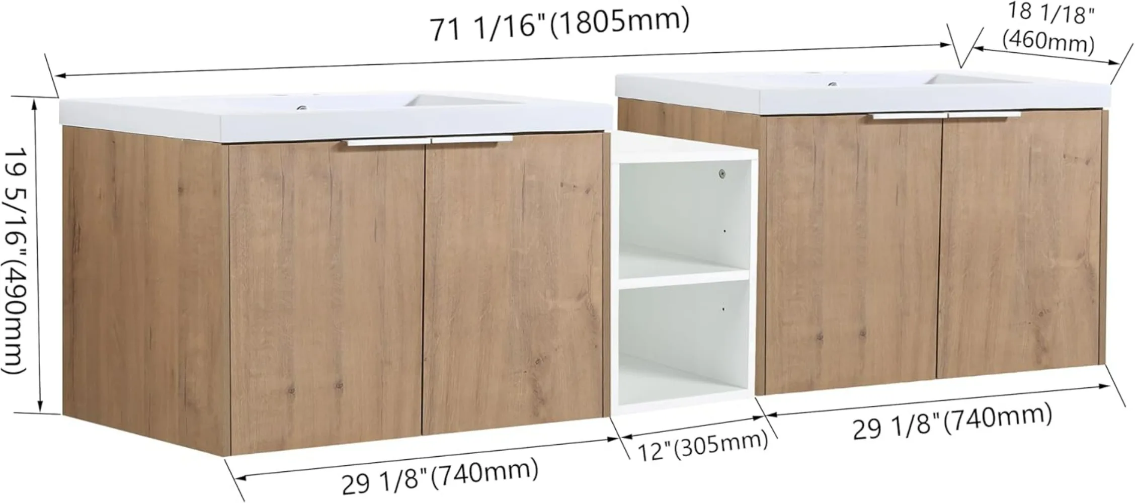 72" Bathroom Vanity with Sink, Double Sink Wall Mounted Vanity Combo, Modern  Bathroom Vanity Set with 4 Doors 2