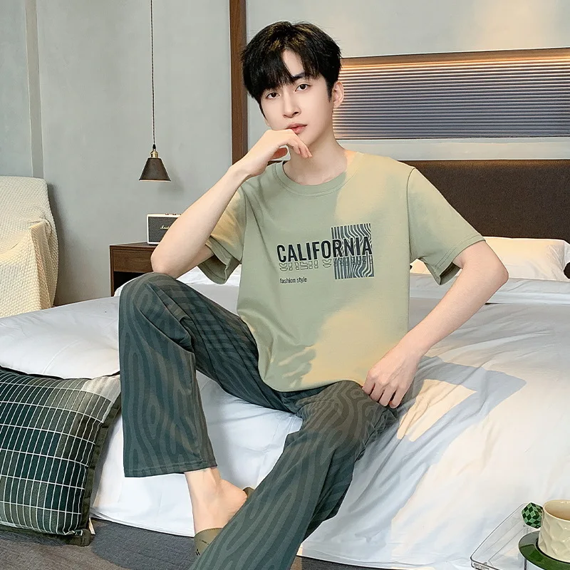 Spring Summer Size L-3XL Men's Pajamas Teenage Long-Sleeved Pajamas Set Loose Casual Homewear  Suit  Two-Piece  Soft Pure Cotton