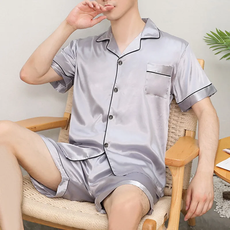 Mens Silk Satin Pajamas Set Short 