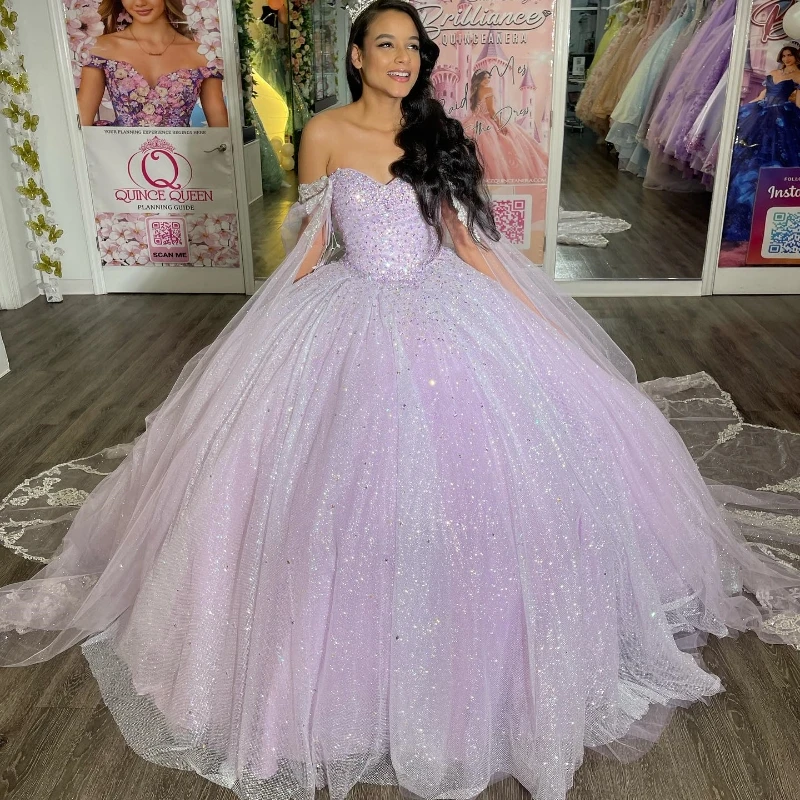 

Lavender Shiny Ball Gown Quinceanera Dress Corset Lace Appliques Beading Sequins With Cape Sweet 16 Dress Vestidos De XV Anos