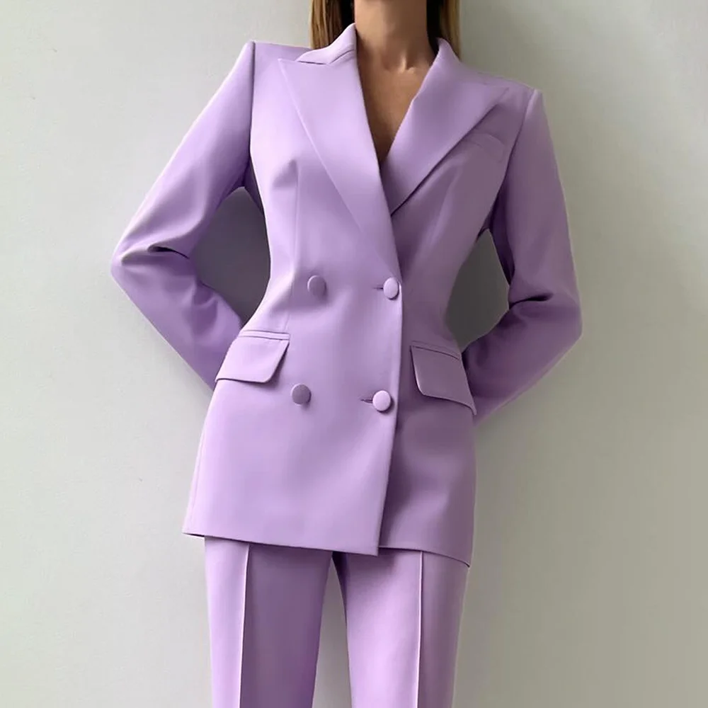 Elegant Solid Women Pants Sets Summer Purple Peak Lapel Double Breasted Outfits Daily Casual Suits Two Piece (Jacket+Pants) 2