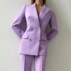 Elegant Solid Women Pants Sets Summer Purple Peak Lapel Double Breasted Outfits Daily Casual Suits Two Piece (Jacket+Pants) 2