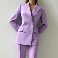 Elegant Solid Women Pants Sets Summer Purple Peak Lapel Double Breasted Outfits Daily Casual Suits Two Piece (Jacket+Pants) 2