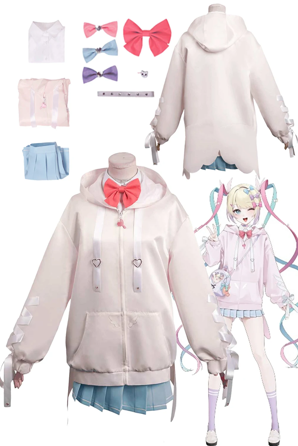 

NEEDY GIRL OVERDOSE KAngel Cosplay Costume Hoodie Coat Skirt Neckwear Jacket Set Halloween Carnival Suit For Ladies Women Adult