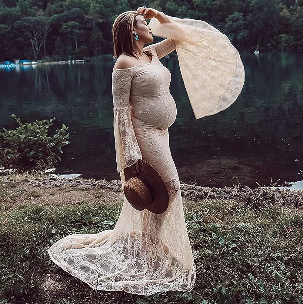 

Flared Sleeve Lace Maternity Maxi Dress for Photoshoot Off Shoulder Deep V Neck See-Through Sexy Maternity Gown Pregnant Dress