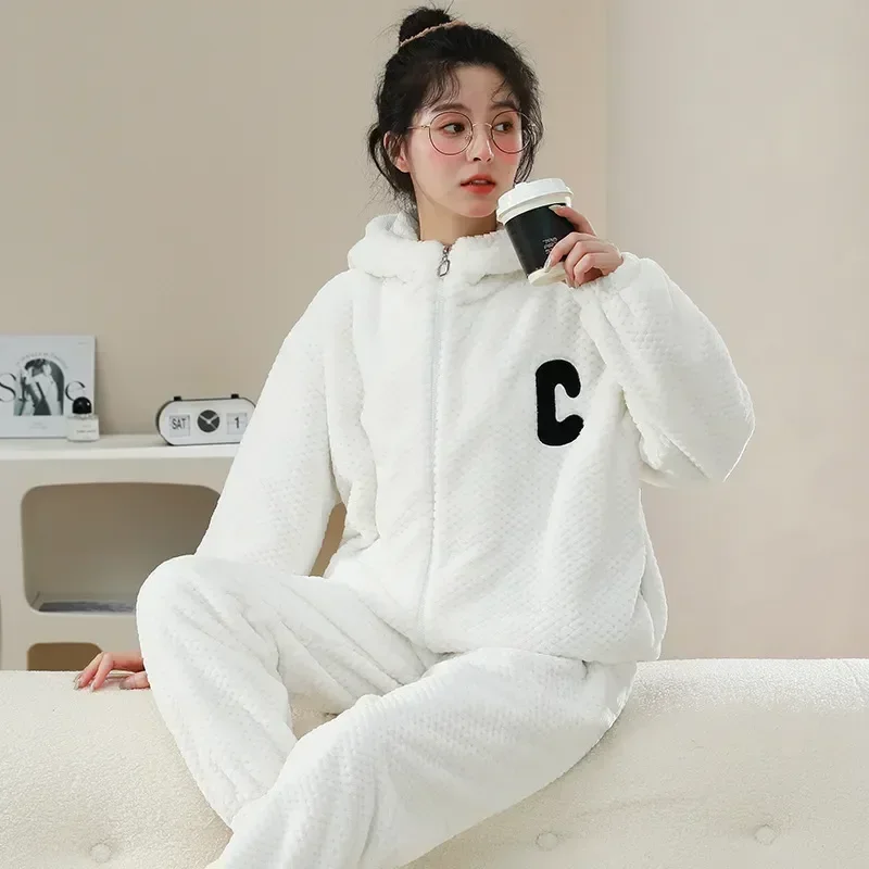 

Home Thick Piece Sleepwear 2 Flannel Pijamas Wear Set Warm Female Women Clothes Pants Sleep Pyjamas Tops Winter Pajamas