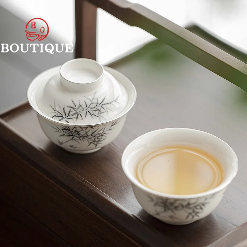 90ml Boutique Hand-painted Bamboo Ceramic Covered Bowls Household Tea Soaking Gaiwan Tea Maker Soperas Kung Fu Set Tool Gift