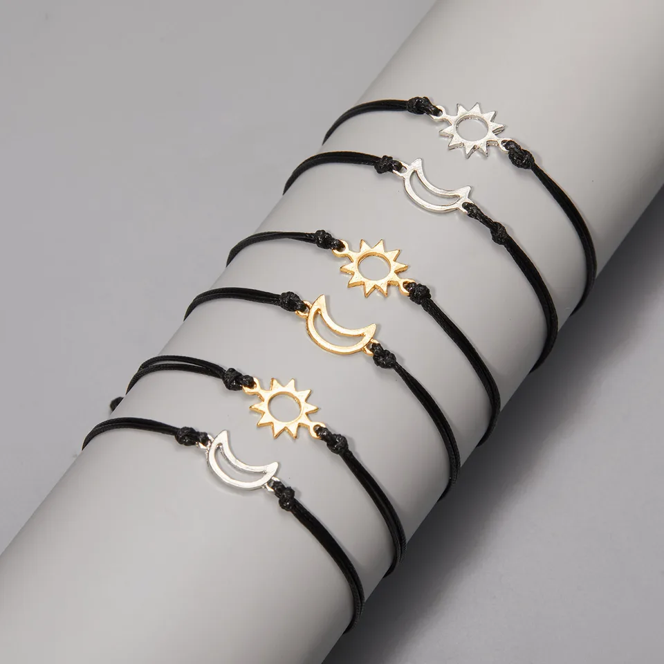 Sun Moon Set Di 2 Braccialetti Regolabili Per Coppia In Corda Intrecciata Fatta A Mano - Ciondoli Sole E Luna Per Amore E Amicizia