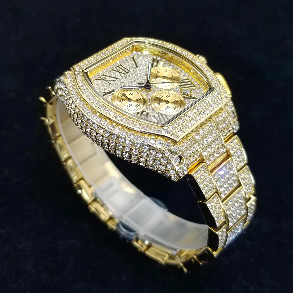 Top Brand Luxury Diamond Watch Men High Quality Stainless Steel Quartz Wristwatch Hip Hop Ice Out Waterproof Chronograph Watches