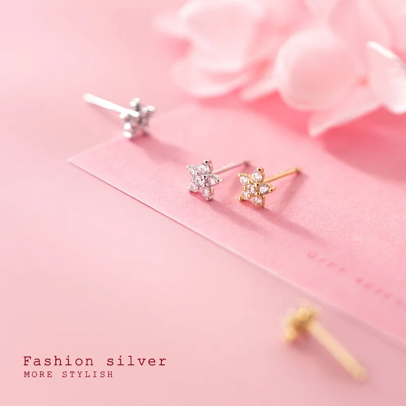 925 Sterling Silver Zircon Stud Earrings Women Temperament Mini Flower Earring Bohemian Style Piercing Jewelry