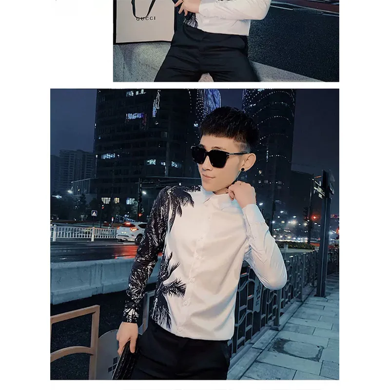 Autumn KPOP Fashion Style Harajuku Slim Fit Ropa Hombre Loose Casual All Match Shirt Pointed Collar Printed Long Sleeve Blusa