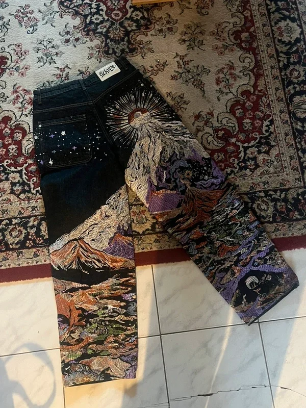 Y2K Gothic Jeans Men Women Streetwear Sun Totem Patchwork Wide Leg Pants High Street Rhinestone Baggy Denim Trousers 1