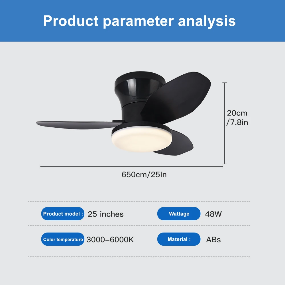 Ventilador de teto de 25 '' com luz e controle remoto, ventilador de teto LED com 3 pás, para quarto interno, sala de estar, sala de jantar, cozinha
