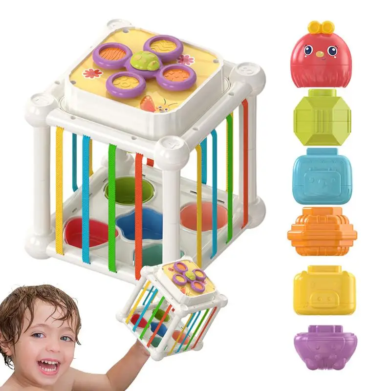 

Baby Shape Sorting Toys Children Montessori Educational Toys Colorful Sensory Cube Toys with Elastic Bands for Fine Motor Skills