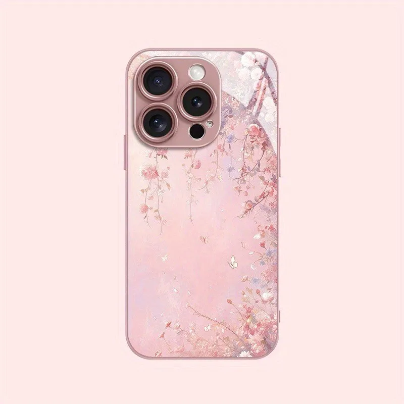 Oil Painting Pink Flowers Phone Case with Tempered Glass Cover