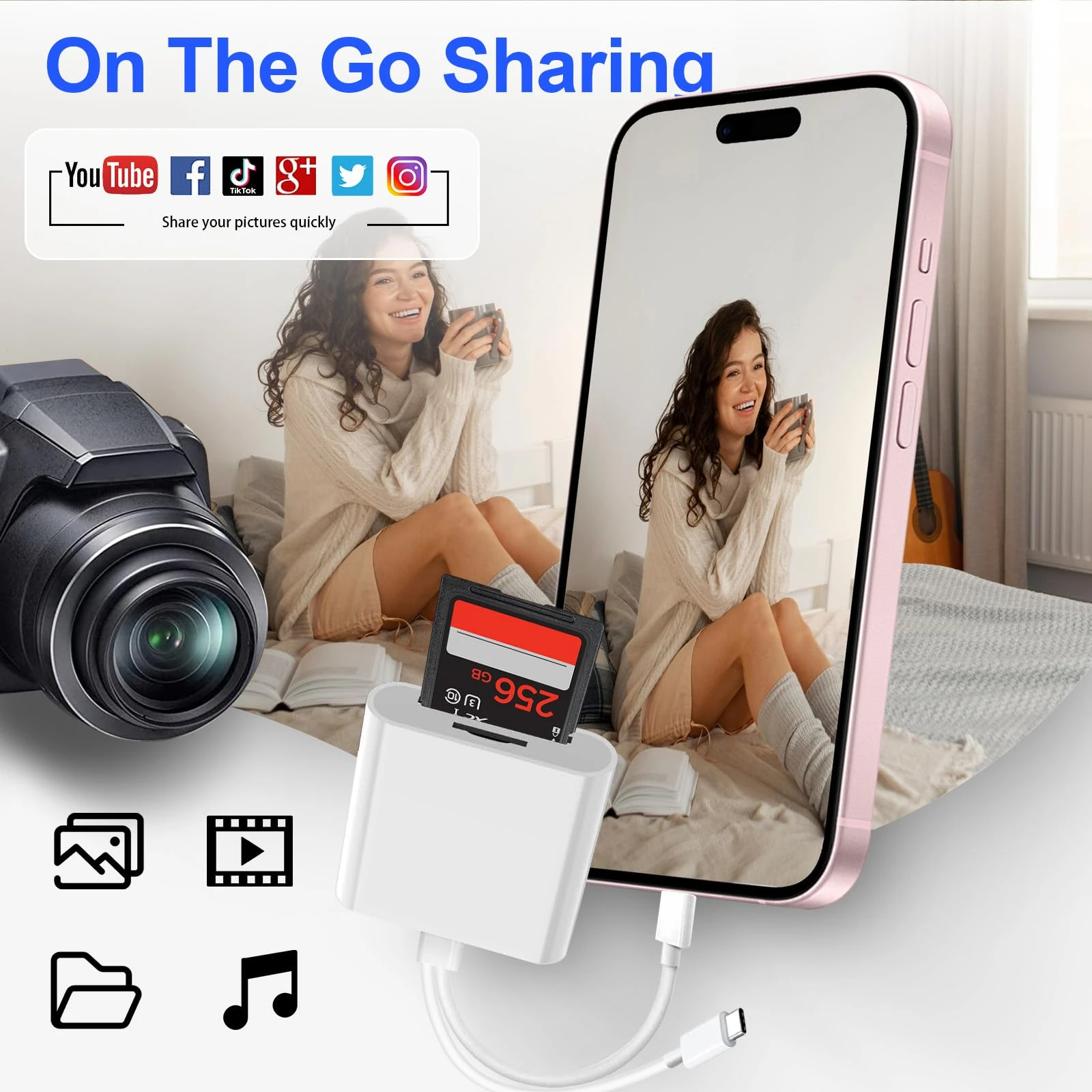 아이폰용 SD 메모리 카드 리더기 USB C/라이트닝 듀얼 인터페이스 디지털 카메라 어댑터, 맥북/USBC 노트북용 SD/TF/SIM 카드 지원