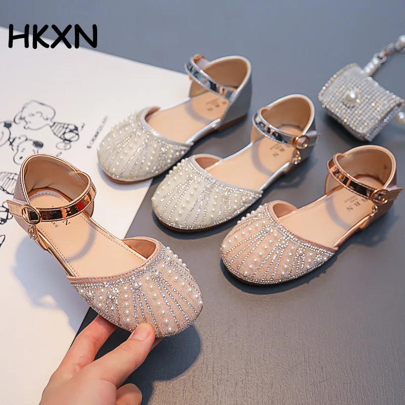 Spring and Summer Girls Rhinestone Pearl Toe Sandals 2022 Latest Soft Bottom Princess Shoes Little Girl Performance Y |