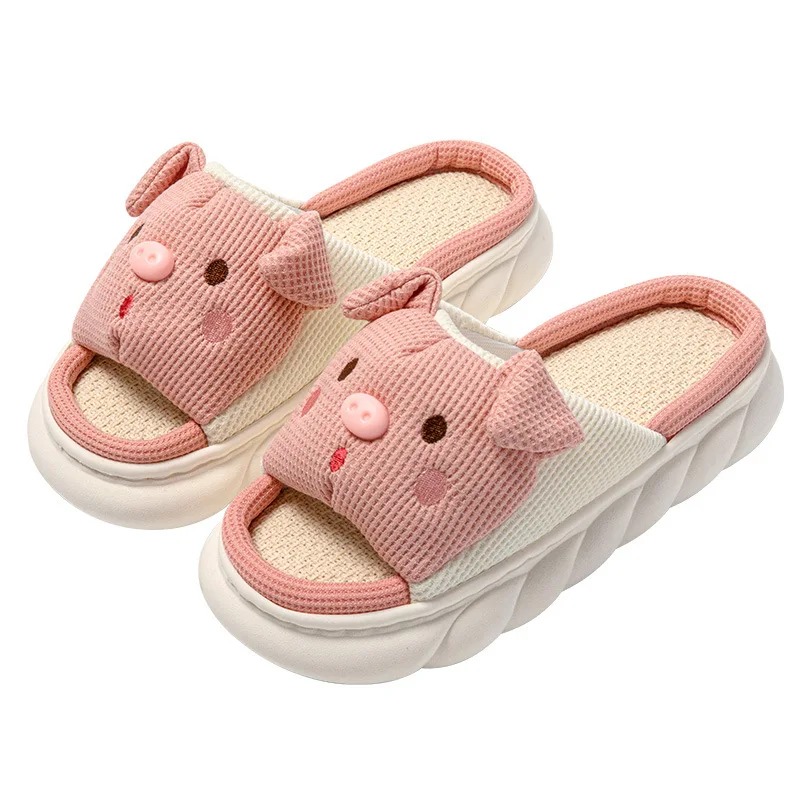 2024 New Pink 3.5cm Fashion Soft Ladies Casual Cute Piggy Pattern Design Comfortable Female Linen Home Slippers